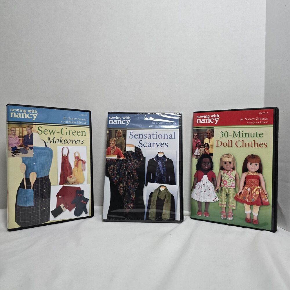 Sewing with Nancy Zieman 3 DVD Lot Sew-Green Makeovers, Scarves, Doll Clothes